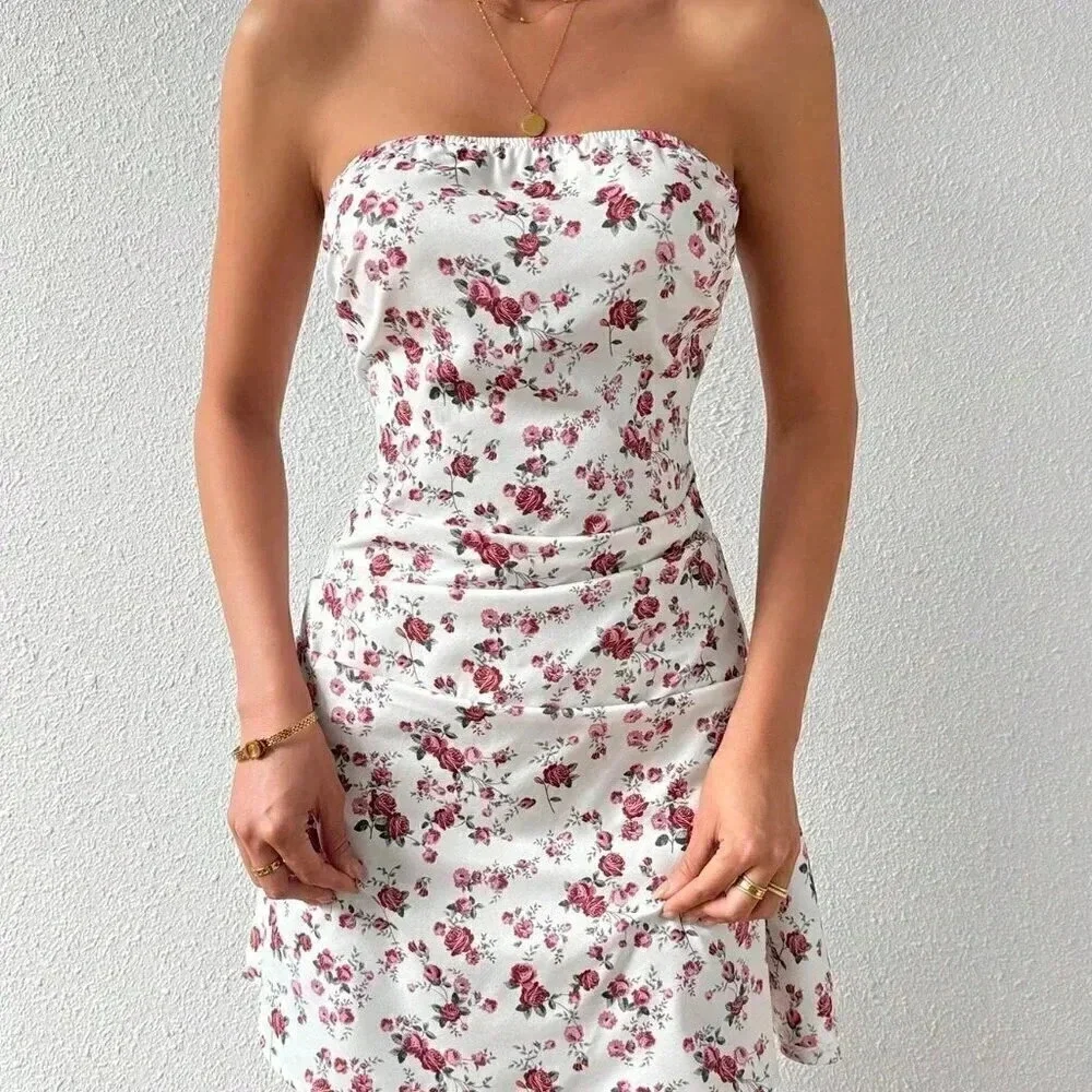 White Preppy Women's Pleated Strapless Floral Dress - Picture 6 of 7